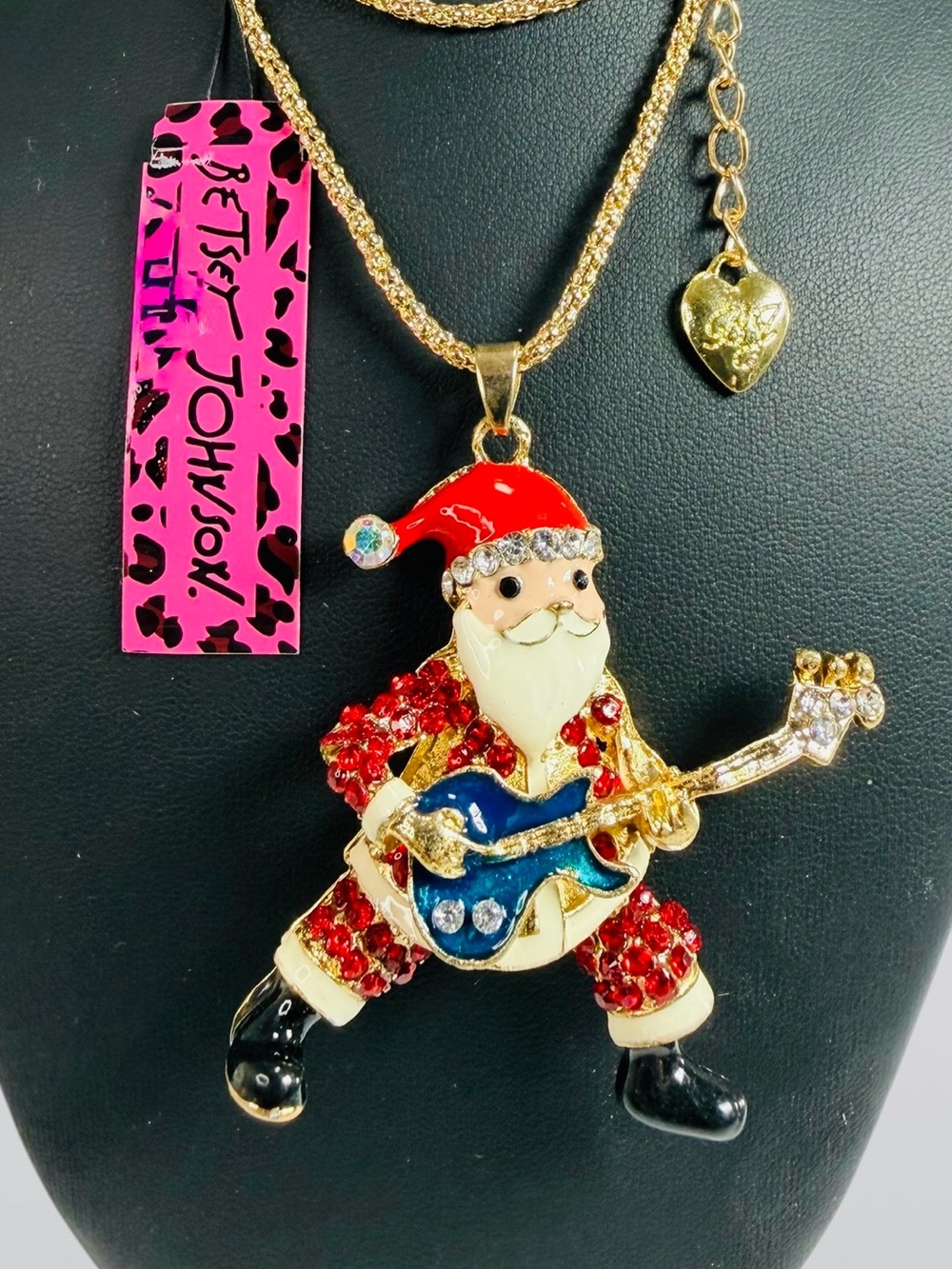 Betsey Johnson Red, Blue & Gold Santa Guitar Pendant Necklace